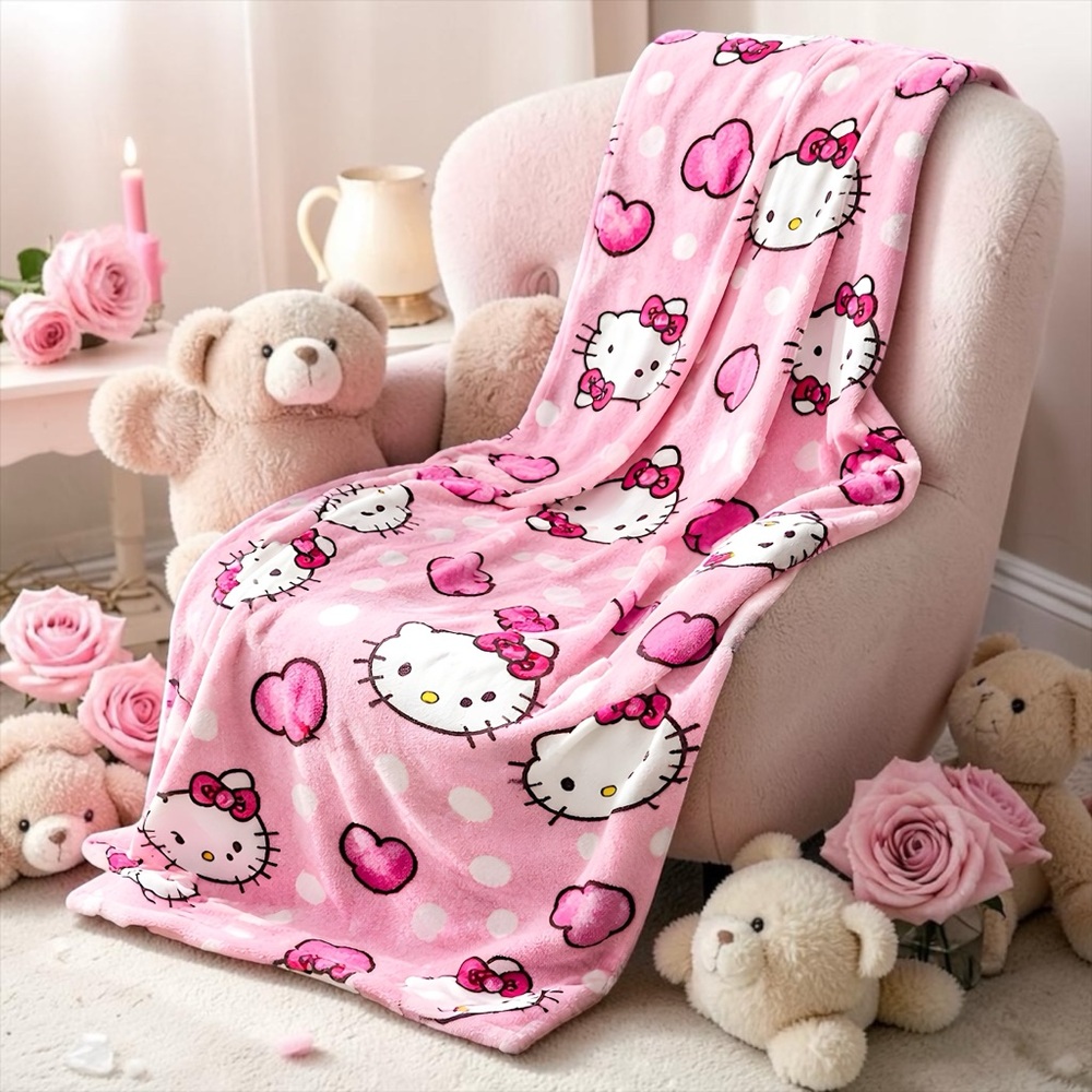Hello Kitty Pink White Black Print Large Cloud Throw Blanket Sz 60”x70”